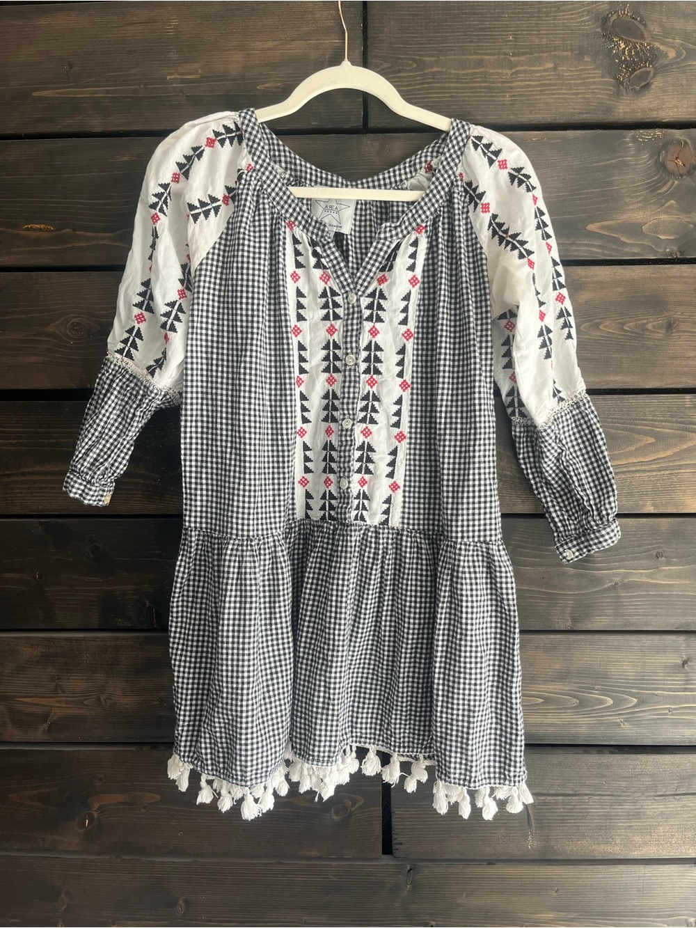 Girls Black & White Gingham Embroidered Dress with Tassel Hem